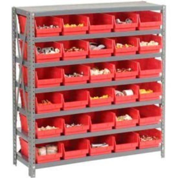 Global Equipment Steel Shelving with 30 4"H Plastic Shelf Bins Red, 36x18x39-7 Shelves 603435RD